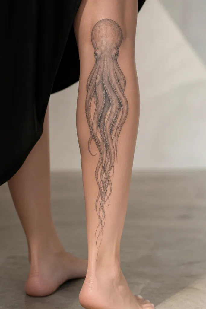 A fine-line octopus head with long thin tendrils down the calf. Behind the tendrils is a vertical ombre strip of gray shading that fades toward the ankle.