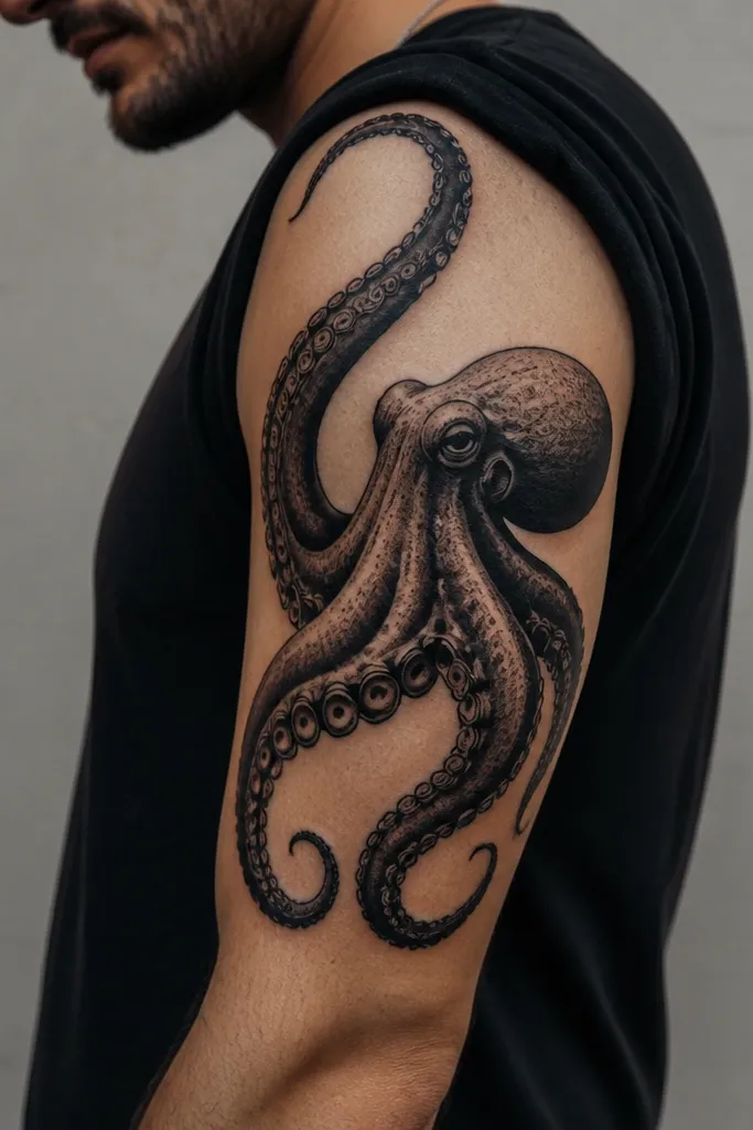 A bold octopus on the upper outer bicep, shown in a side view. One long tentacle arcs up toward the shoulder while two shorter ones sweep down toward the elbow, all in thick black with heavy shading.