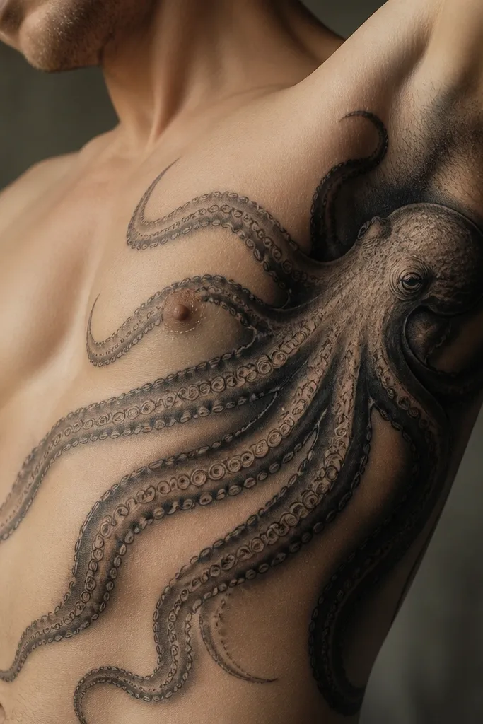 A large octopus spread across the ribs like a fan. The head sits under the armpit area, and tentacles radiate outward in thick black with suction-cup detail, fading into darker shading at the edges.