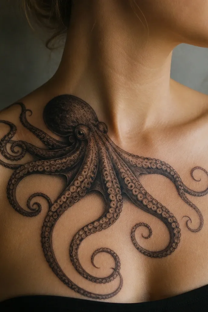 A bold octopus perched over the upper chest near the collarbone. Tentacles curl downward with suction cups, while the space between them is left black-free to suggest water currents in negative space.