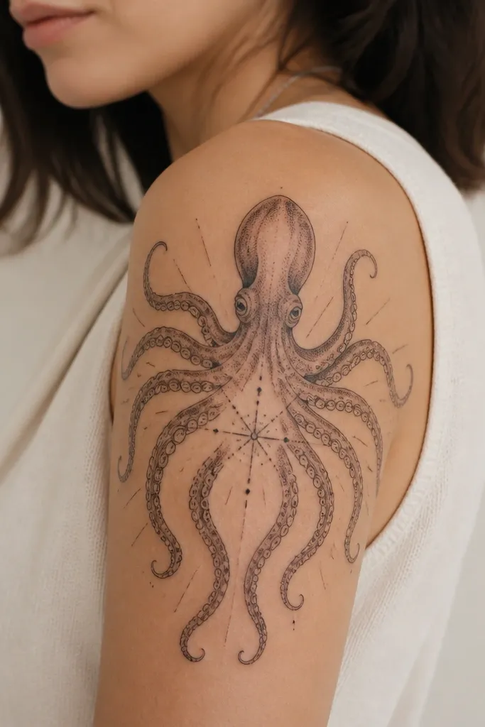 An upper arm octopus with tentacles radiating outward like a burst. In the center is a small compass-like dot pattern in black, with suction cups along the tentacles and a few tiny line accents.
