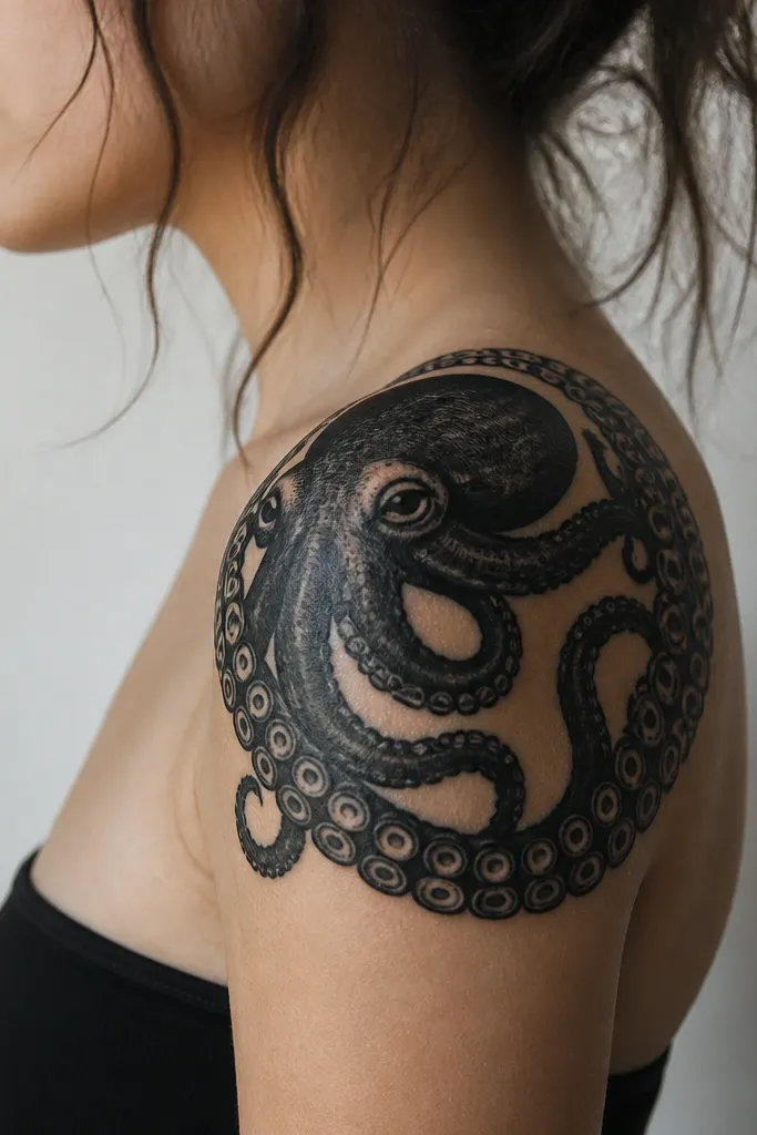 A shoulder cap tattoo: an octopus head near the top of the shoulder with a ring of suction cups forming a border. Tentacles curl around the shoulder like a halo, all in thick black with minimal gray.