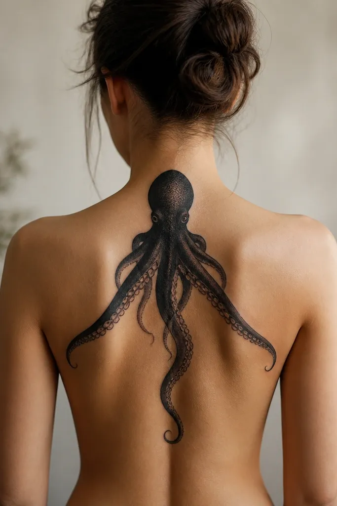 A black octopus head sits near the upper spine, with one tentacle trail running down the center of the back. Two larger tentacles branch out left and right, tapering toward the mid-back.