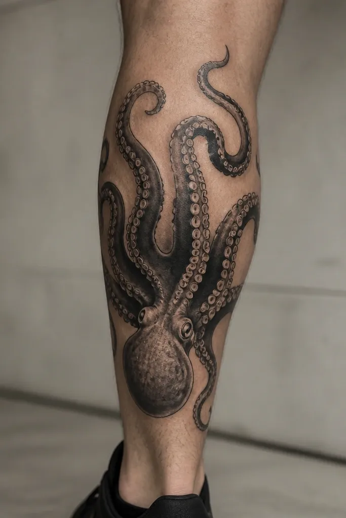 A calf tattoo of an octopus with the head near the back of the calf. Tentacles spread upward and outward, with bold black shading under each tentacle and suction cups catching the light.