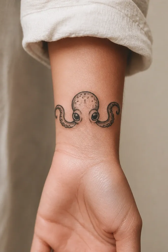 A small wrist tattoo: an octopus head facing outward with two short tentacles curling around the wrist bone. Thick lines, solid black pupils, and a few suction cups per tentacle.