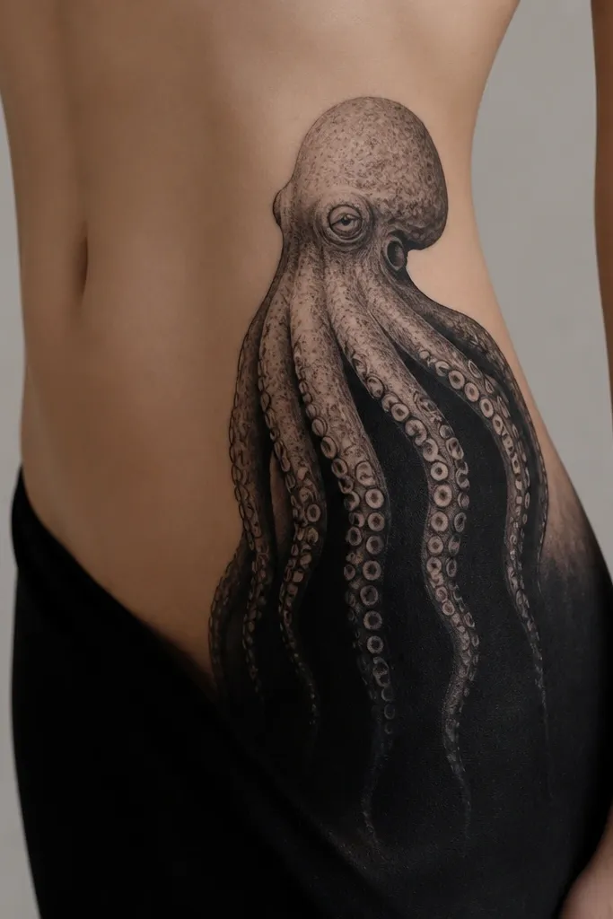 An octopus head on the side of the waist, with thick tentacles that drip downward into a solid black base. Suction cups appear along the tentacles, and the black base fades slightly at the edges.