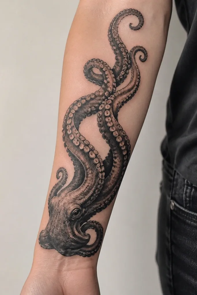 An octopus on the inner forearm where tentacles climb upward like a ladder. Suction cups sit in rows along each tentacle, and bold black shading wraps around the arm's inner curve.
