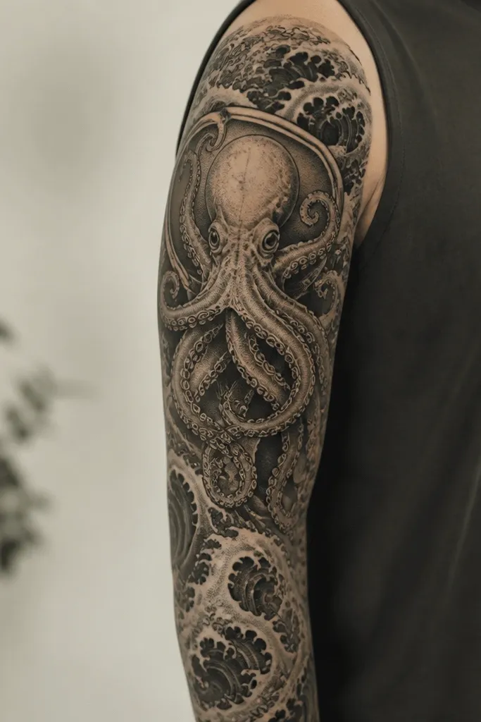 A sleeve-style panel: an octopus head in a bordered section with tentacles spreading outward. Around it is a dense black tide texture that looks like waves made from solid ink and stippling.