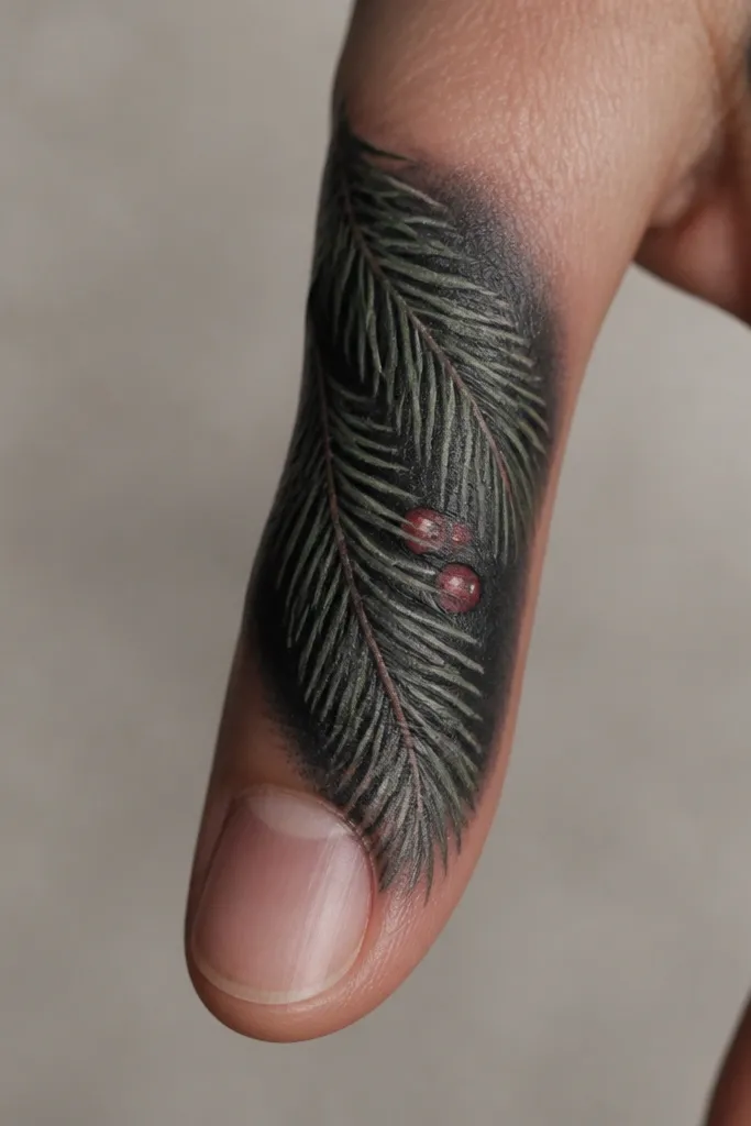 A finger cover up design wrapping from the side toward the front: a pine bough arcs downward with two deep green shadow bands, and three tiny berries in dark red with crisp white dot highlights. The old tattoo is fully hidden under near-black shading behind the bough.