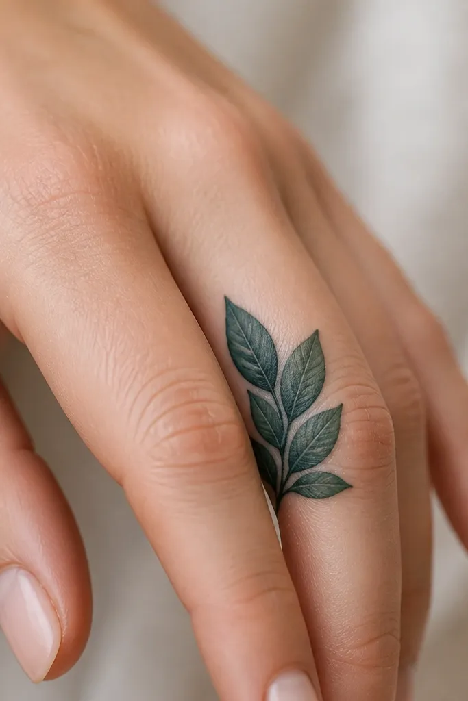 A dense cluster of 4-6 overlapping leaves on the side of the finger. The leaves graduate from deep green at the base to cooler green at the edges, with a few tiny veins indicated in lighter green. The center behind the leaves is filled darker so the old tattoo doesn't peek through.