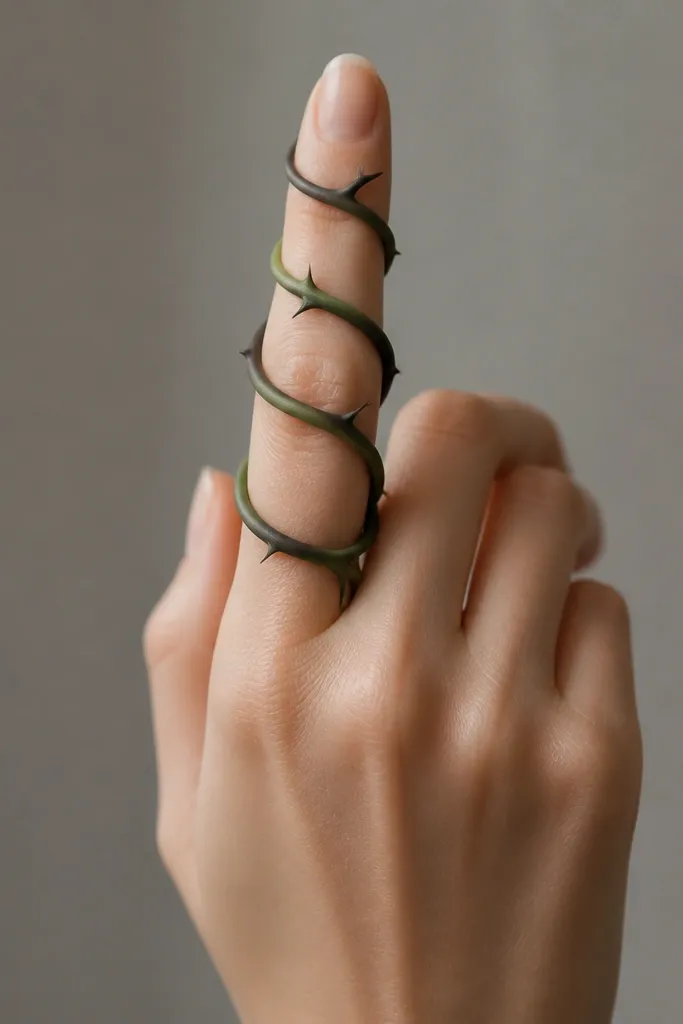 A vine wraps around the finger like a spiral, with small pointed thorn marks spaced evenly. There are intentional negative gaps that form tiny leaf-less windows, and the vine has a gradient from near-black to muted green.