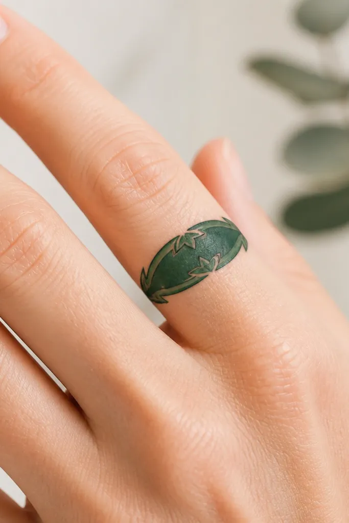 A curved ring around most of the finger circumference. It's shaded in emerald green with a slightly darker outer rim, and short micro-leaf tips point inward at 3-4 positions. The center of the ring has a smooth, darker fill to cover old ink.