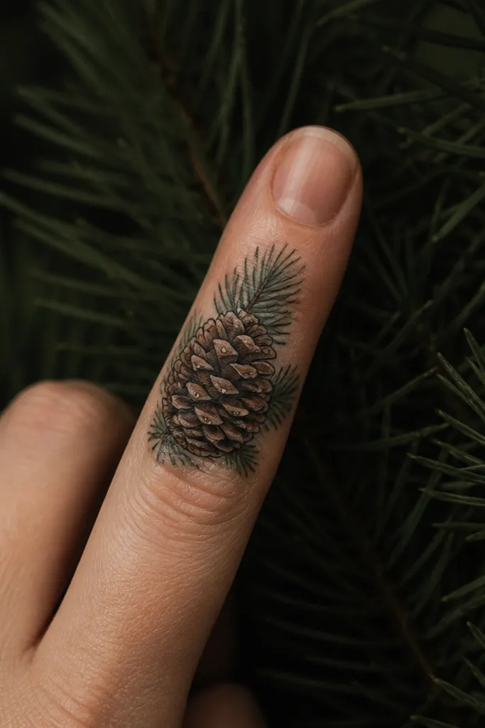 A pinecone sits on the side of the finger with layered diamond scales. Behind it, evergreen needles fan out in dark green and charcoal. The pinecone has warm brown shading with tiny light flecks; the needle background is darker to hide the old tattoo.