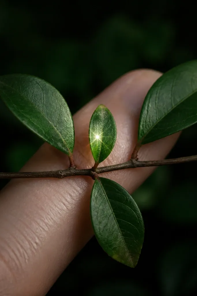 A small branch forms a cross shape across the finger, with leaves angled outward. One leaf near the center has a tiny starburst highlight in pale yellow-white. The background under the branch is shaded dark green and near-black.