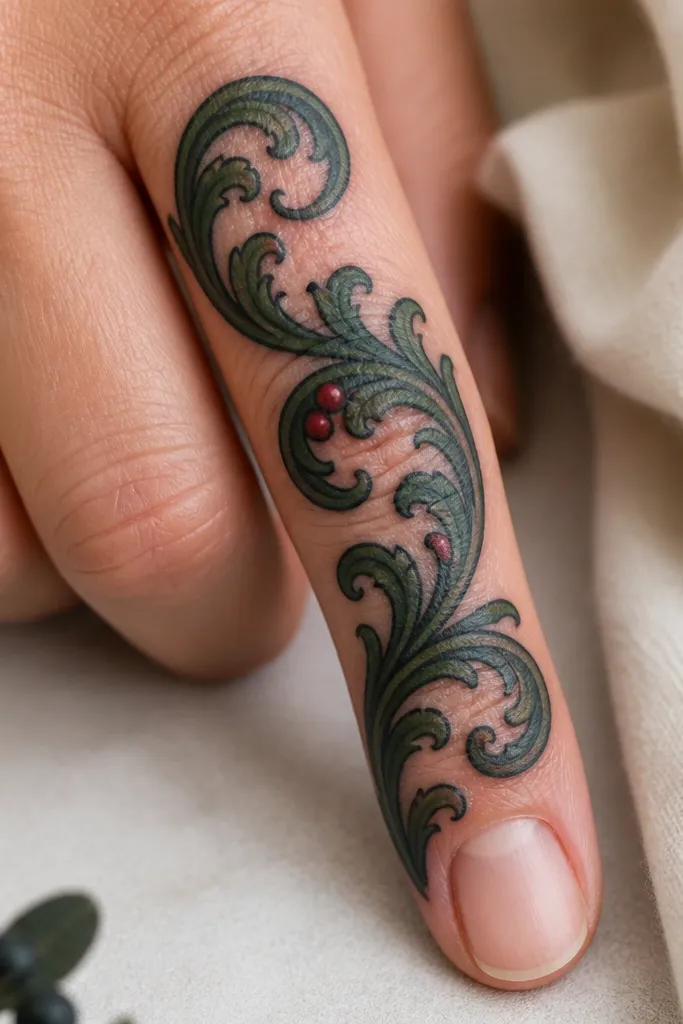 A thick scroll pattern wraps around the finger with smooth curves. Inside the scroll curls, there are tiny concealed red berry dots spaced like punctuation marks. The scroll's base is near-black with muted green shading along the curves.