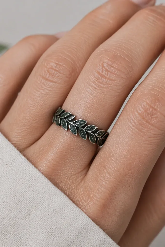 A band that wraps around the finger like a mini wreath. The leaves are deep green with charcoal shading, and the outer edge has a thin frost-white line that looks like dusting. The center is darker to cover previous ink.