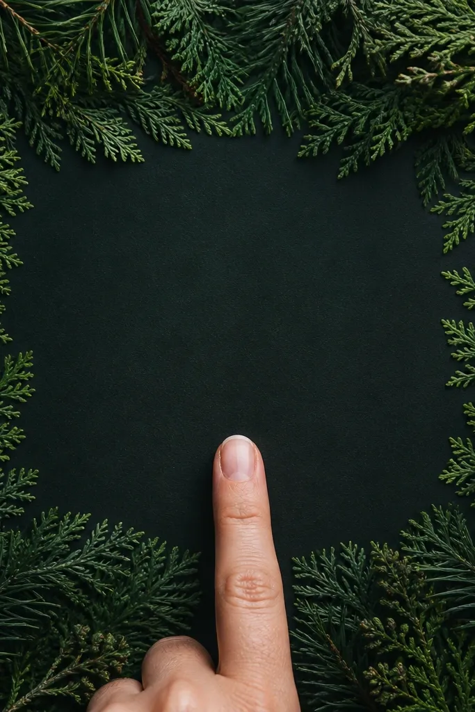 A rectangular-ish frame shape around the center of the finger made from overlapping evergreen leaves. The inside area is left darker and clean, while the leaf edges form a border. The old script is fully hidden behind the leaf border and dark fill.