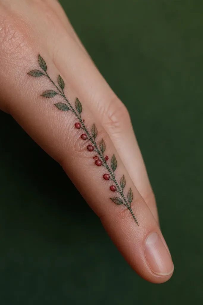 A slim sprig runs diagonally across the finger with small leaves. Along the sprig's underside, a line of tiny red berries forms a short chain. The background is dark green shading behind the sprig so the old ink disappears.