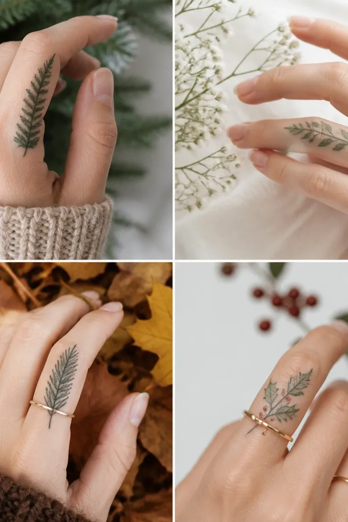 Seasonal evergreen finger cover up tattoos