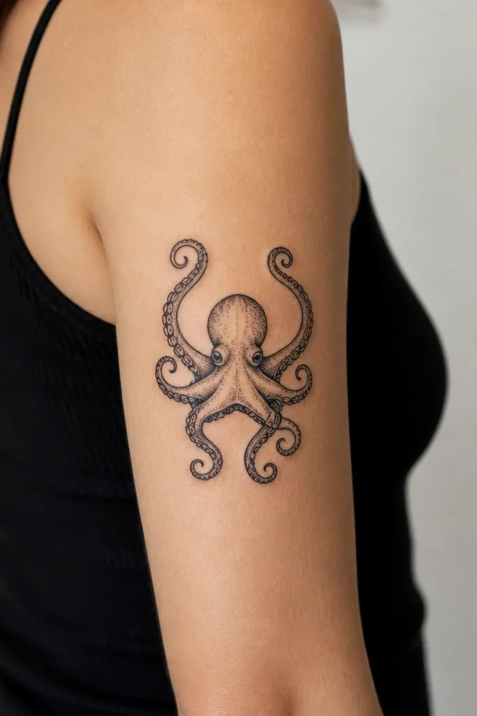 A medium-small octopus on the outer upper arm in black ink. The tentacles curl outward to create a frame shape around the head, with a few sucker ovals on each tentacle and no background shading.