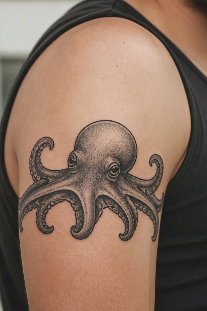 An octopus sitting like a cap on the bicep. The head is round, two front tentacles curl upward with tiny sucker ovals, and the back tentacles are smoother with fewer sucker details.