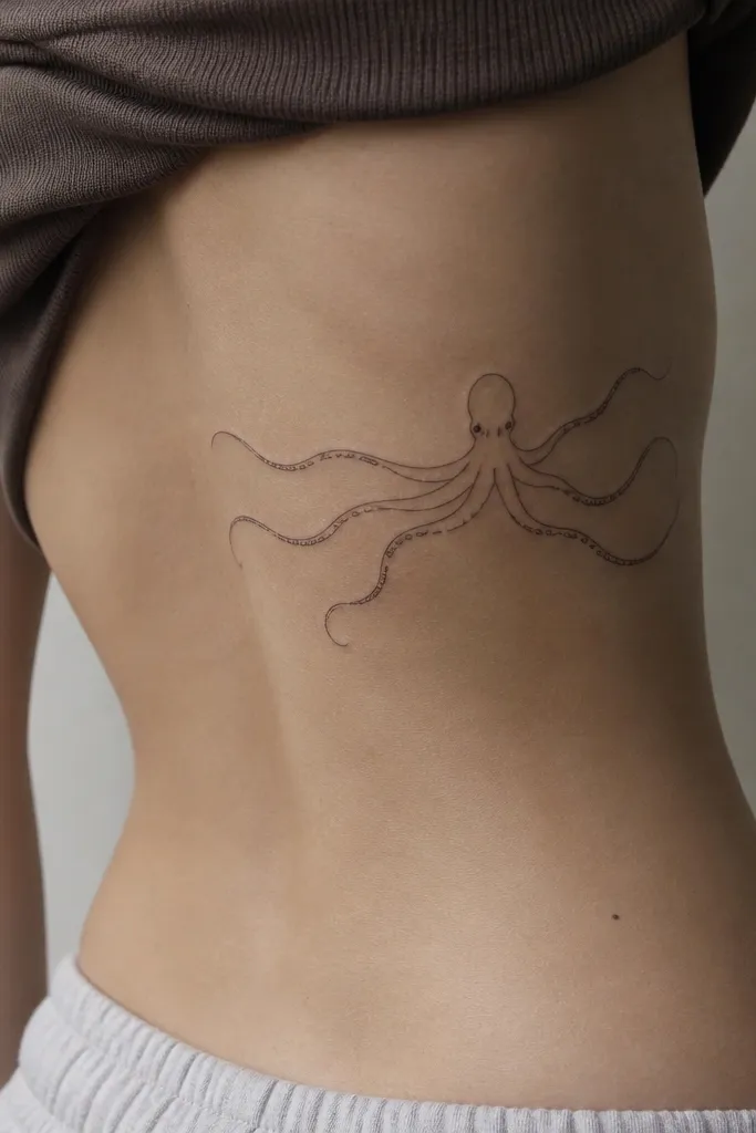 A thin-line octopus on the side of the ribs. The tentacles are stretched horizontally with lots of blank space between them, and the head is small and centered with a couple of sucker rows.