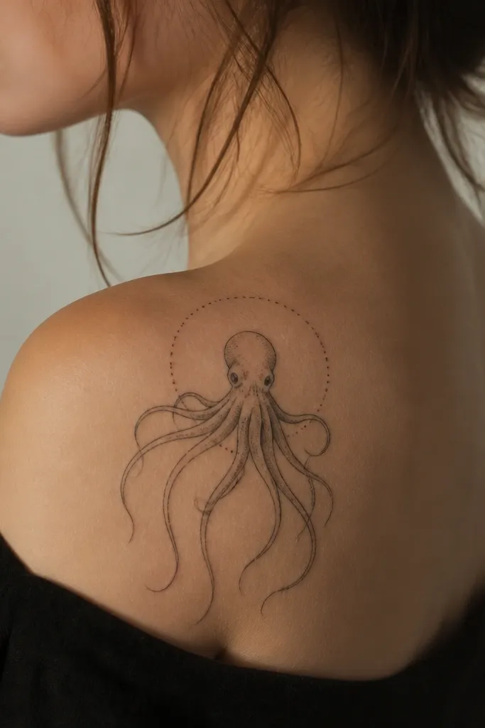 A shoulder tattoo of a simple octopus in black. The tentacles are fine line, and there's a single curved dot halo behind the head, like a partial arc.