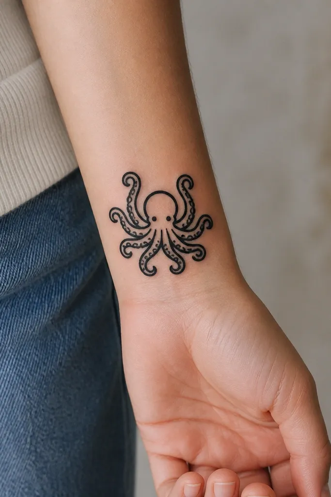 A small octopus on the outer wrist with a thicker black outline. The tentacles curl upward and outward, and only a few sucker ovals are drawn on each tentacle.