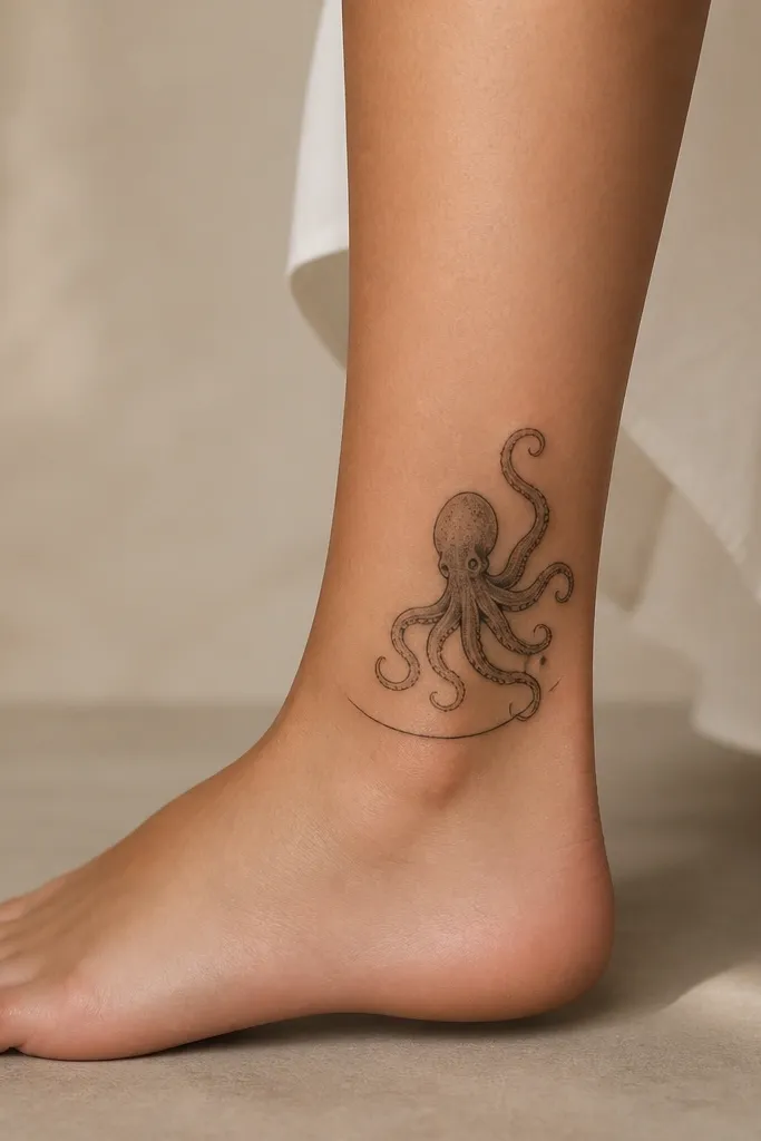 A thin black octopus on the outer ankle. The tentacles curl around the ankle curve, and there's a single curved line base under the head.