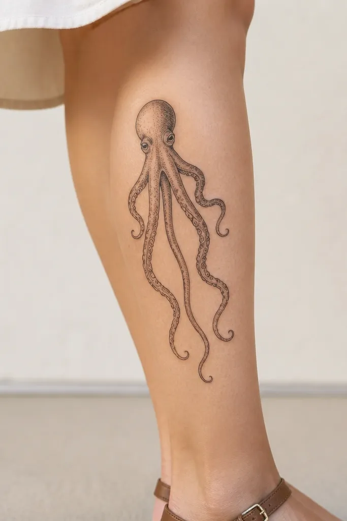 A medium octopus on the outer calf. Tentacles hang downward like a ladder with evenly spaced curls, each tentacle showing a few sucker ovals and lots of blank space.