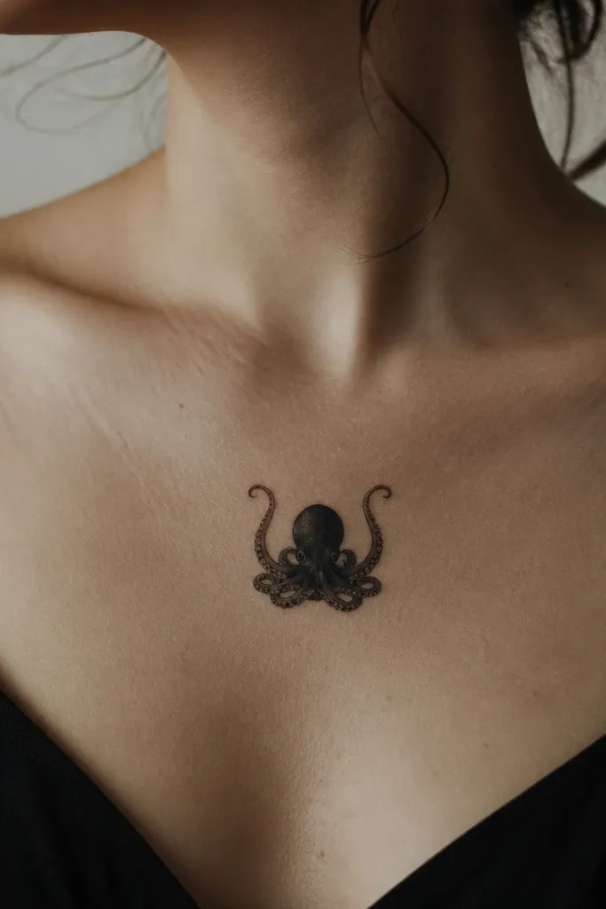 A small black octopus centered on the upper chest. Only two tentacles curl upward, while the rest are short and tucked, with a minimal sucker count.