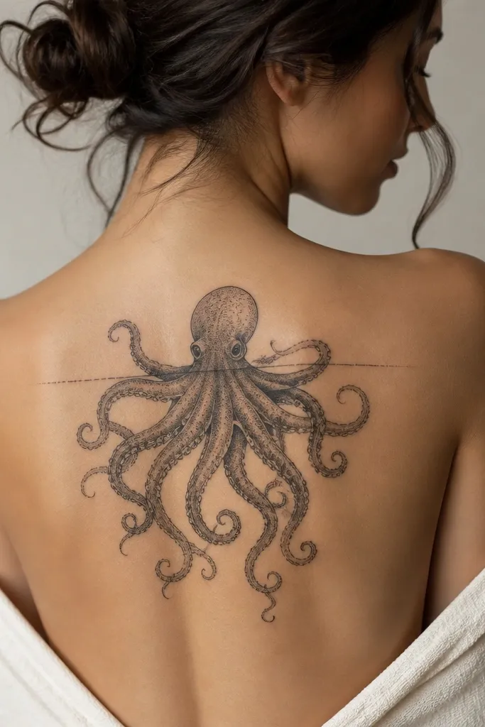 An octopus on the upper back near the shoulder blade. The tentacles curl outward and downward, and there's a thin dotted waterline beneath the head.