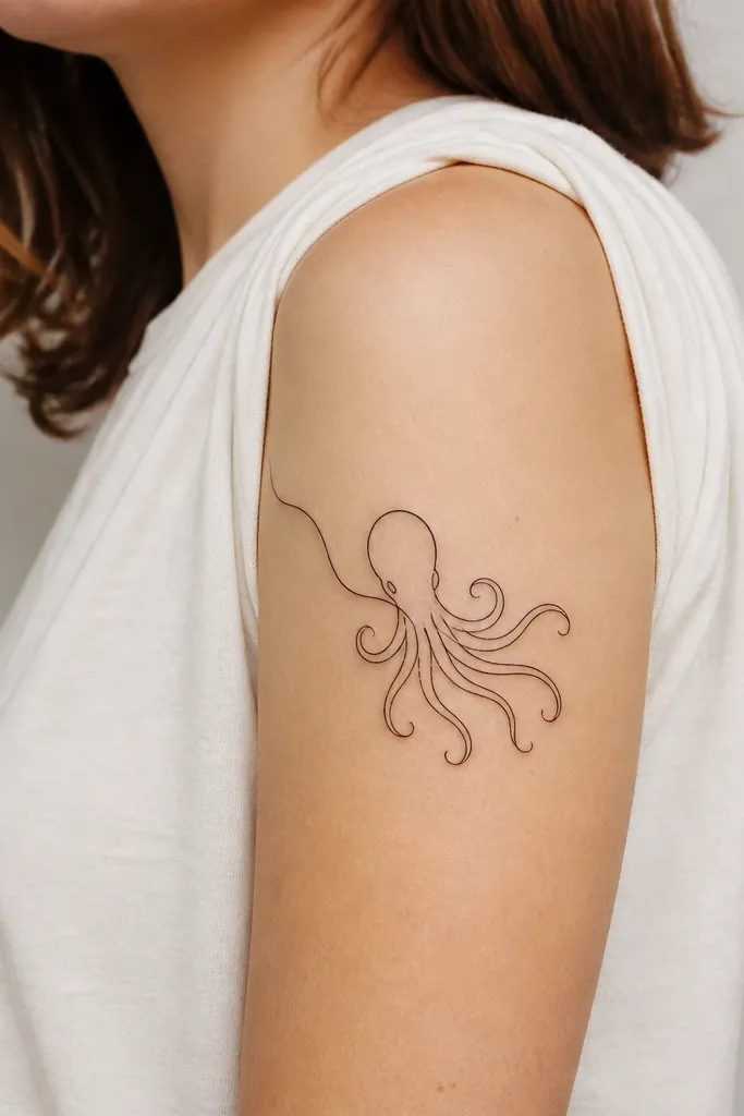 A small octopus placed as a companion piece on the upper arm. The tentacles are outlined cleanly with open gaps, and the octopus head is connected to the sleeve flow through one curved line.