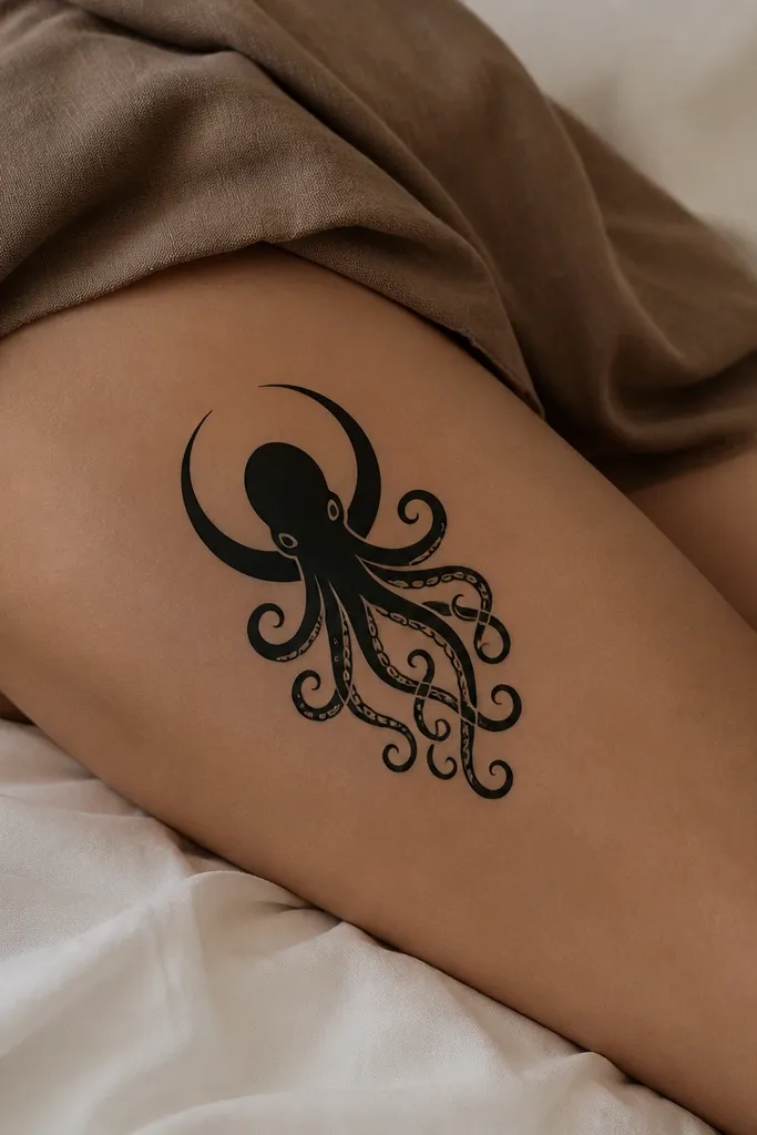 A black octopus on the inner thigh. Behind the head is a clean crescent moon shape, and the tentacles curl downward with a few sucker ovals, with no shading.
