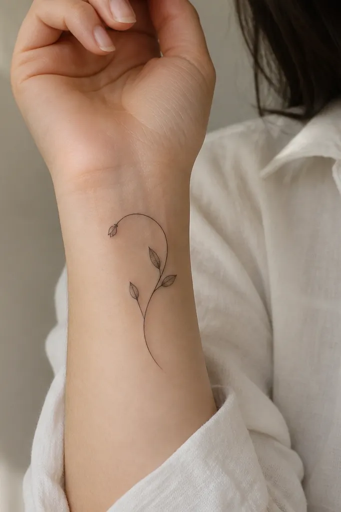 A delicate vine that curves like a question mark on the inner wrist, with three small leaves and two tiny buds. The leaves have light stipple shading and the stem is a fine black line.