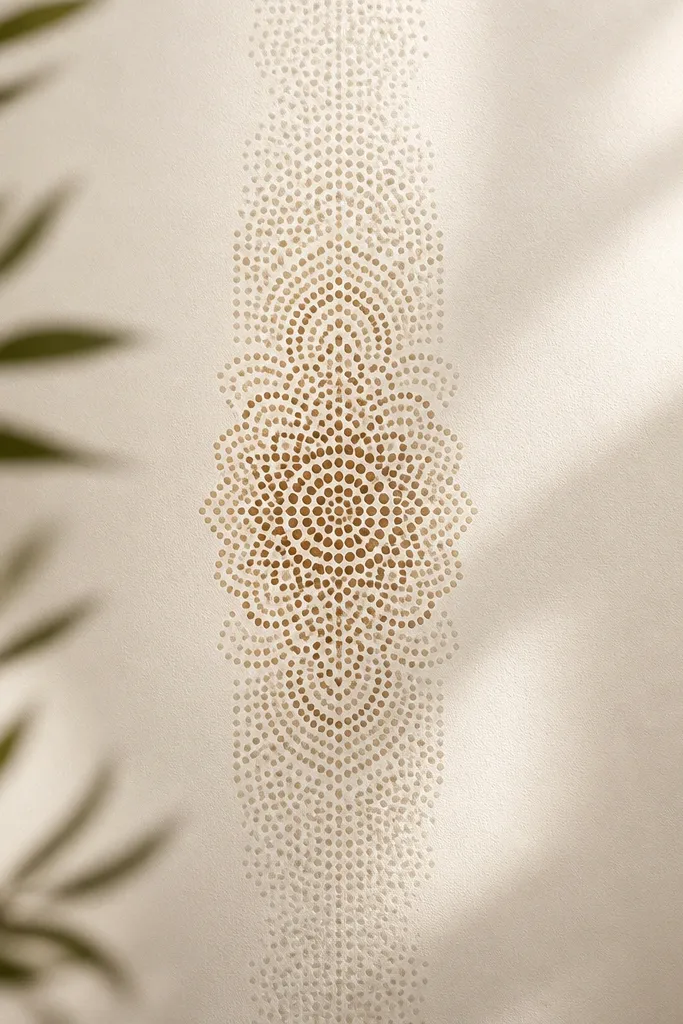 A narrow, vertical band with a tiny mandala shape made from stacked dot rows. The center has denser dots and the edges fade into lighter dot gradients.