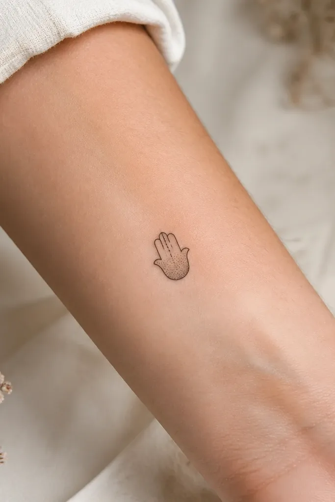 A tiny hamsa hand facing upward, outlined in fine black, with the palm area filled with soft stipple and a few darker speck accents. A small line detail sits near the top.