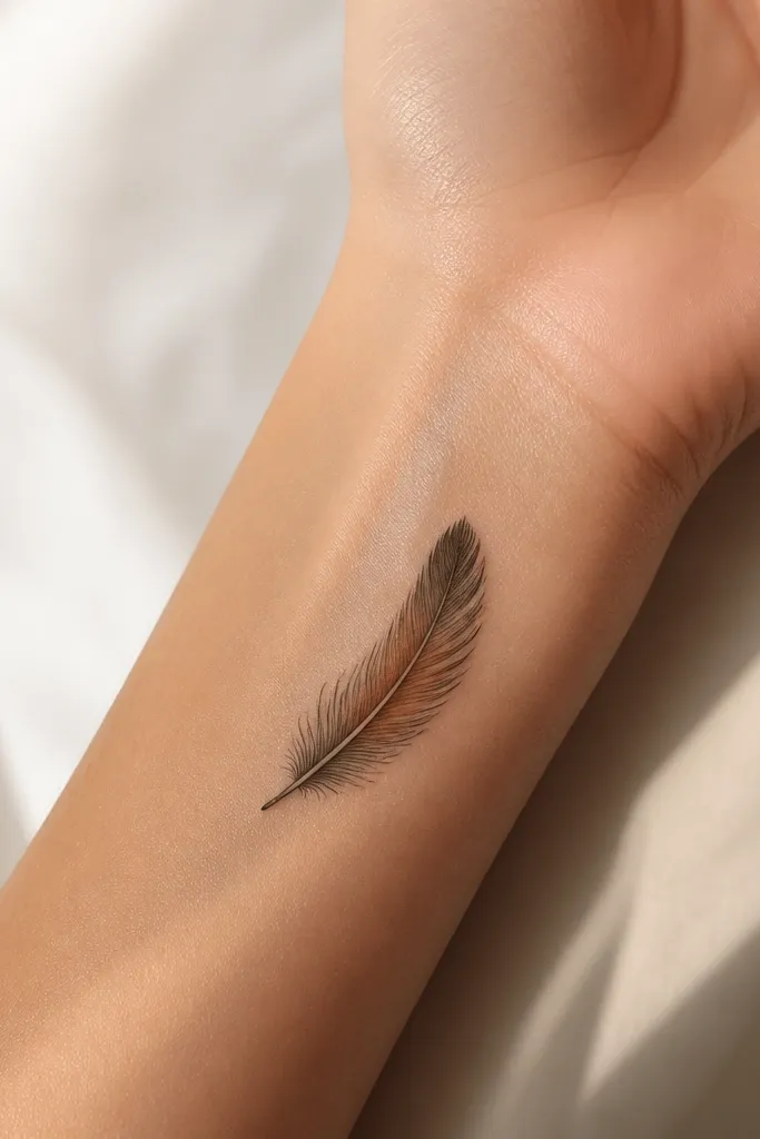 A small feather angled along the inner wrist, with fine barbs on the edges and a warm burnt-umber wash across the shaft. The barbs are black, but the center has a soft brown gradient.