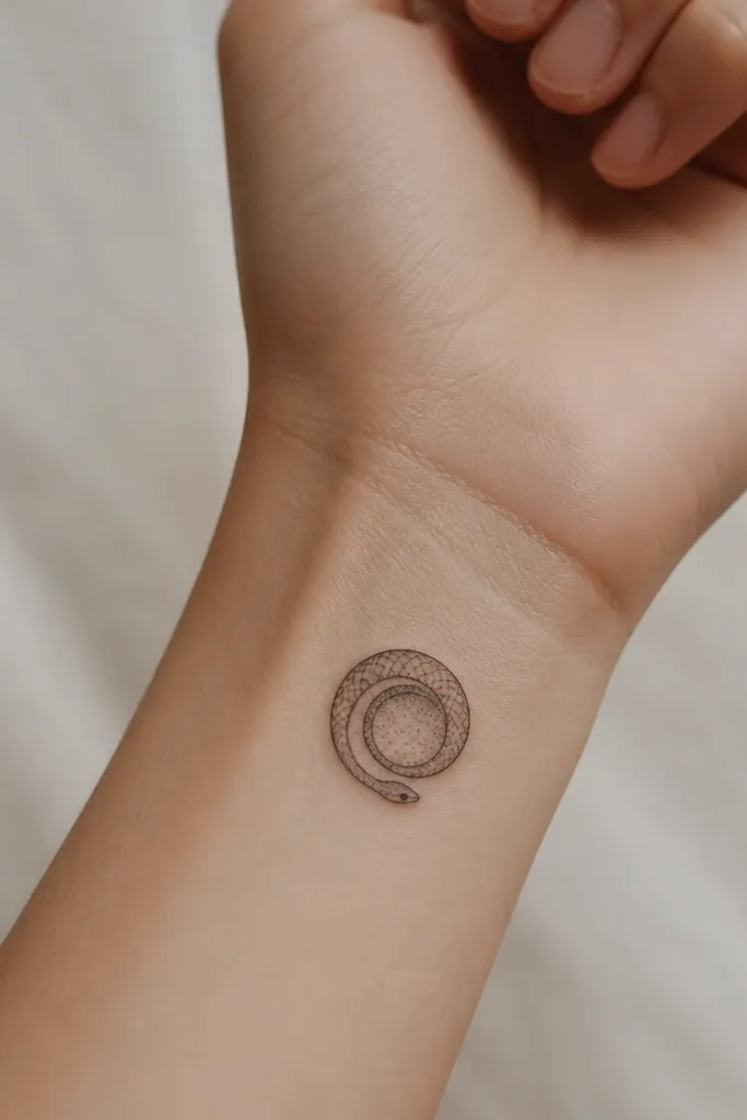 A small inner wrist coil of a serpent, drawn like a tight curl. The body has thin scale lines and a small head with a dot eye. The inside of the coil has light stipple.