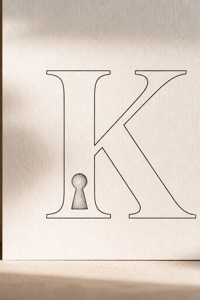 A single uppercase letter drawn in fine black, with a small keyhole cutout in the lower stroke. The keyhole has a soft dot fill.