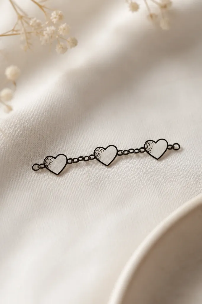 A tiny chain segment made of three small hearts connected by thin links. The hearts are outlined in black with minimal dot shading on the top left of each heart.