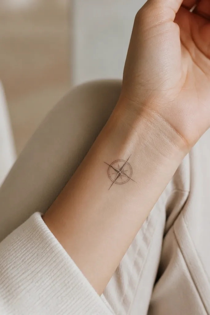 A small compass rose angled diagonally on the inner wrist. It has a simple outer ring, four direction marks, and a tiny dot center with faint radial shading.