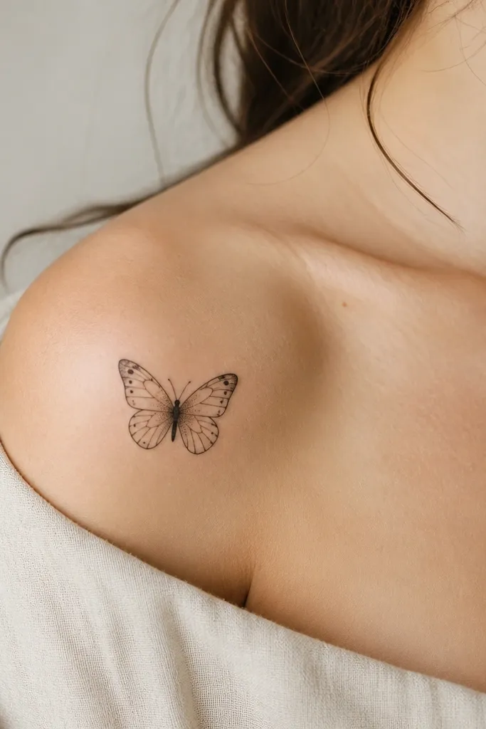 A small butterfly with thin black outline wings, and a darker stippled patch in the center body area. The wings have light internal linework and a few dot accents near the edges.