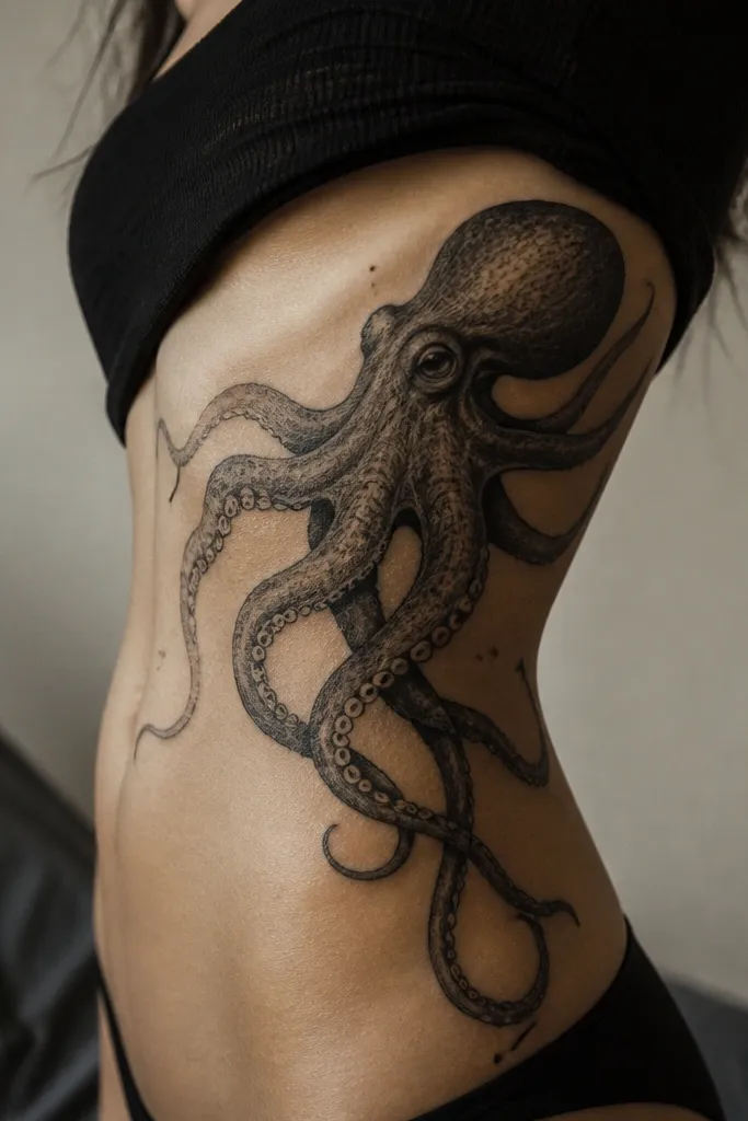 A black ink octopus wrapping across the side of the ribcage. The head is positioned near the upper outer ribs, and tentacles sweep diagonally toward the waist. The tentacles look like they're draping over the body's curves, with a few suckers emphasized in white highlights.