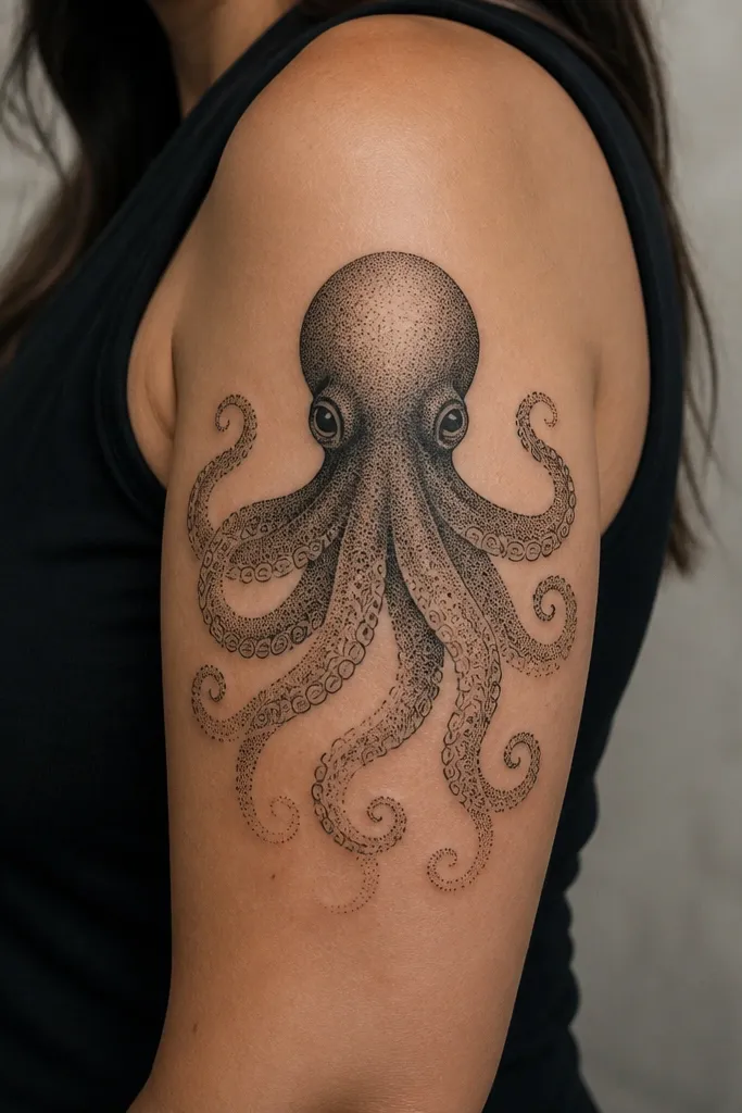 A centered octopus portrait on the upper arm with a rounded head and expressive eyes. Tentacles curl outward like a fan. The suckers are drawn with dotwork patterns, and the shading uses stippling that fades from dark near the head to lighter toward the tips.