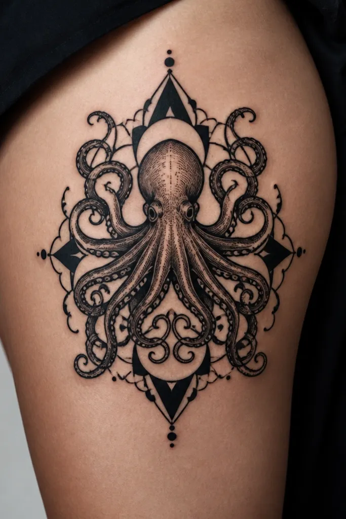 A blackwork octopus centered inside a geometric mandala frame on the outer thigh. Tentacles reach outward to connect with symmetrical shapes. The frame uses thick lines and solid black fills, with small dot clusters at the corners.