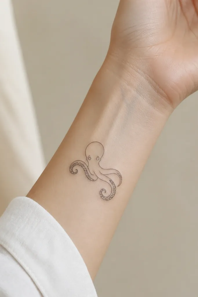 A minimalist octopus drawn in thin black lines on the inner wrist. The head is small and rounded, with two tentacles curling gently. The suckers are indicated with simple circles in the same line weight, no shading.