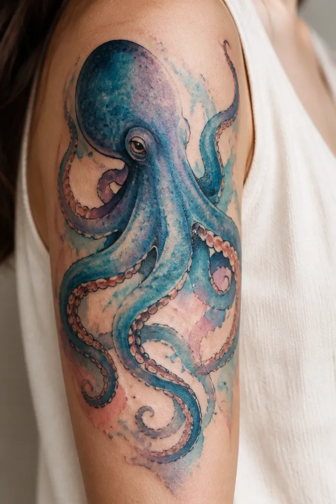 An octopus with a soft watercolor style on the upper arm. The tentacles are tinted teal and deep blue with coral-pink accents near the suckers. Edges are softly blended, while the head has a darker outline for definition.