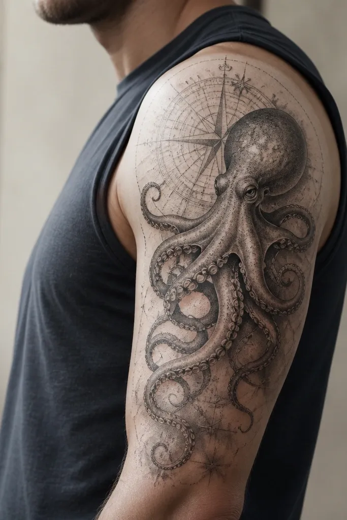 A large octopus integrated into a half-sleeve. The head is near the upper outer arm, tentacles flow downward, and behind it there's a faint compass circle with thin linework and small nautical markings. The background uses gray dot shading to keep it airy.
