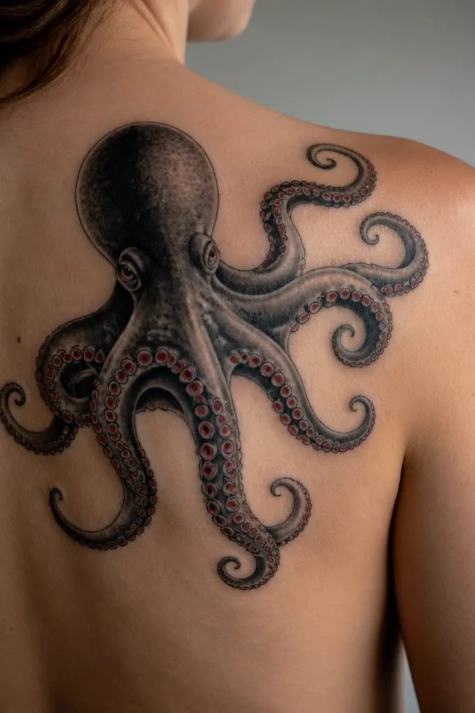 A black-and-gray octopus on the shoulder blade. Most tentacles are shaded in gray, but each sucker has a small red accent spot. The head has a darker center with lighter gray gradients, and the tentacles curl outward toward the spine.